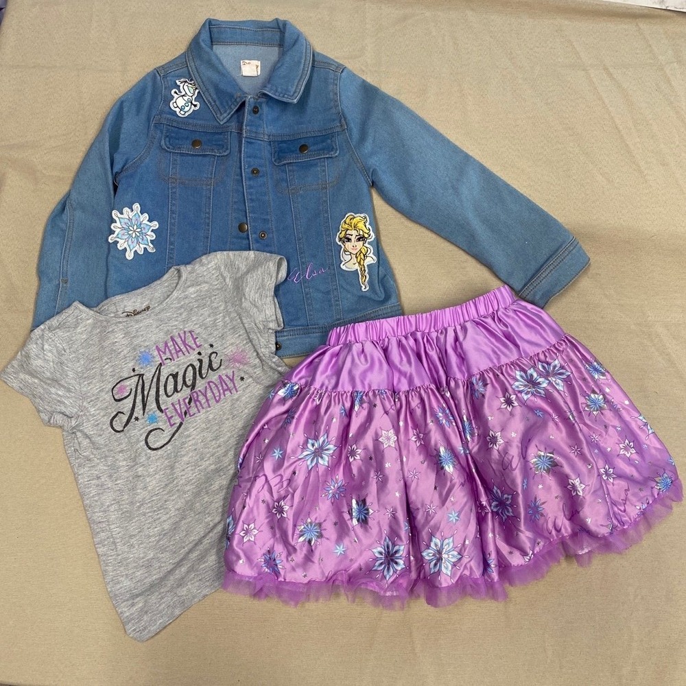 Disney Couture Elsa Frozen Jean Jacket Tutu Skirt Shirt Set Kids Size 5/6